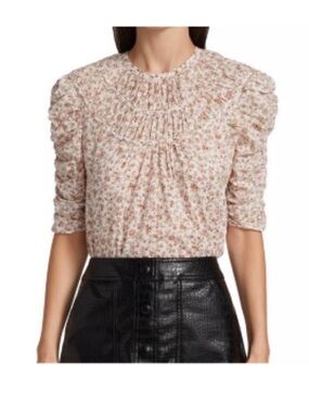 Veronica Beard Cream Floral Smocked Short Sleeve Blouse